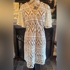 Judith March Southern Boho Lace Dress Ivory Flutter Sleeve Boho V-Neck Medium